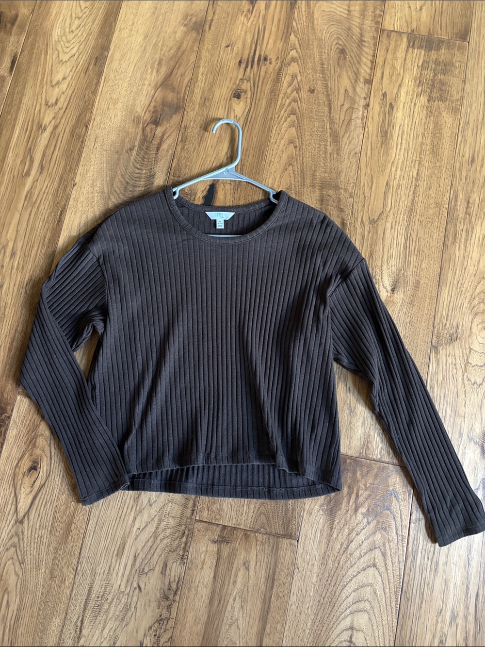 Time and Tru Ribbed Long-Sleeve Crewneck Top - Dark Brown